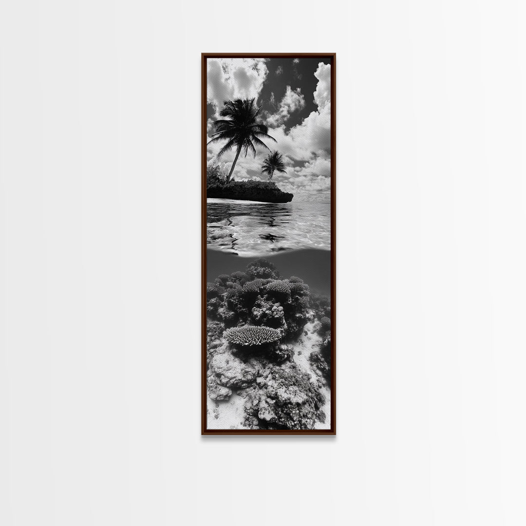 Coral Reef, Tropical Island, Split Ocean View, Canvas Print, Coastal Bathroom Decor, Underwater Photography Art, Island Escape Style