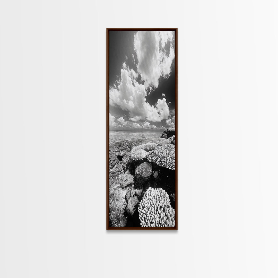 Coral Reef, Ocean Horizon, Puffy Clouds, Framed Canvas Print, Coastal Bathroom Art, Nautical Decor, Black and White Beach Style