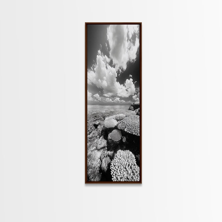 Coral Reef, Ocean Horizon, Puffy Clouds, Framed Canvas Print, Coastal Bathroom Art, Nautical Decor, Black and White Beach Style
