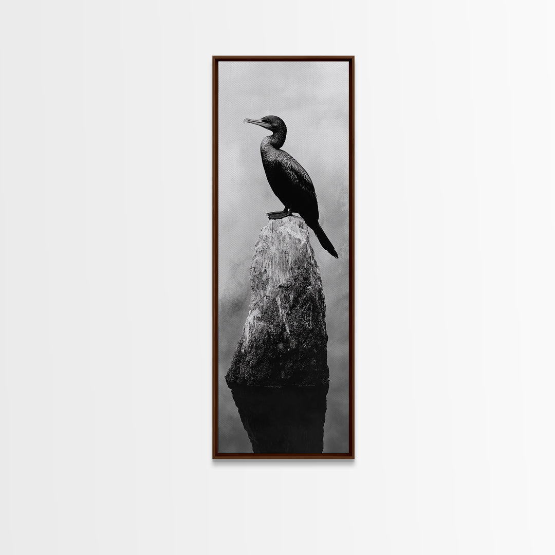 Cormorant Bird, Driftwood Perch, Moody Sky, Framed Canvas Print, Coastal Wildlife Wall Art, Nature Lover Gift, Rustic Room Decor