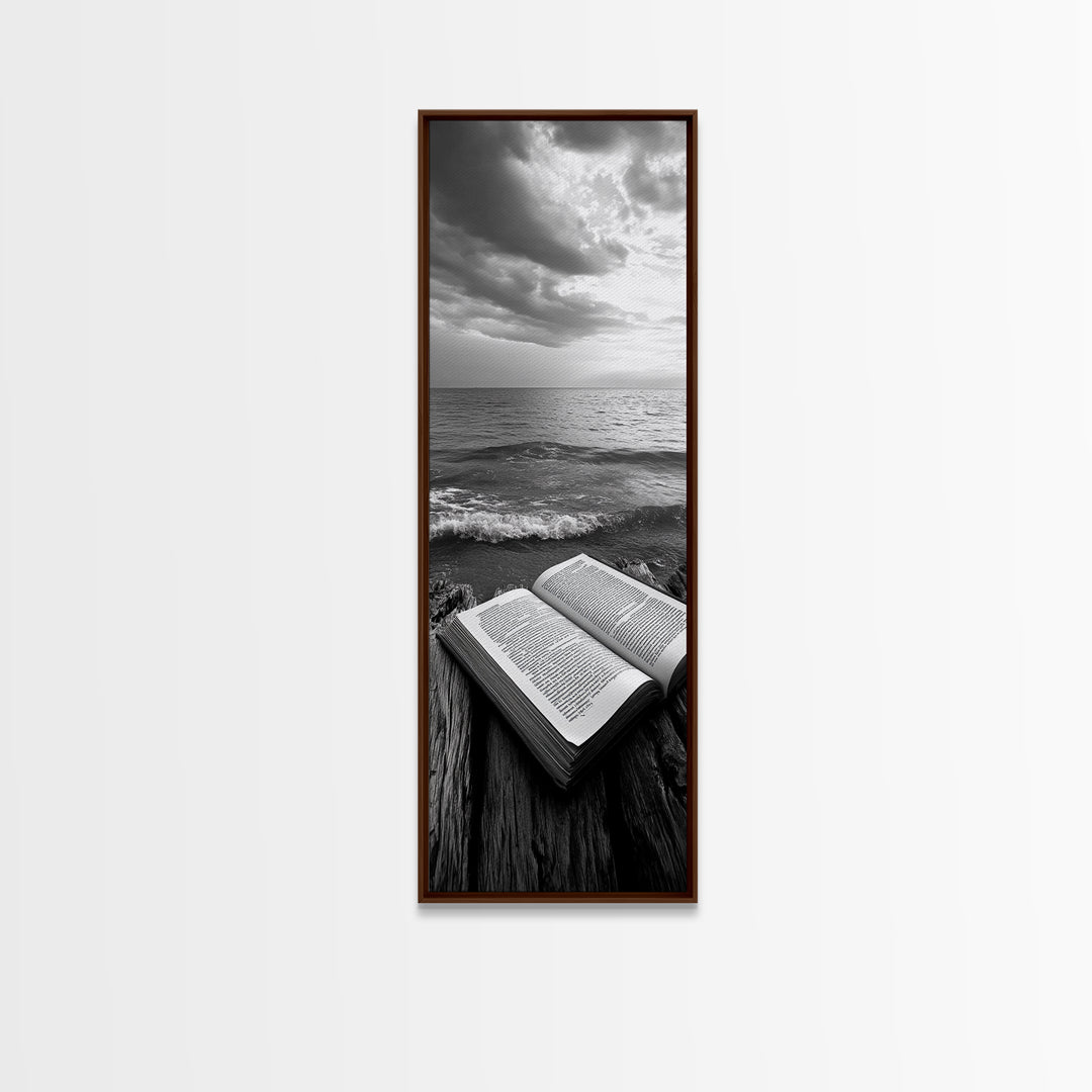 Seaside Book, Ocean Reading, Stormy Sky, Canvas Print, Cozy Beach House Art, Library Decor, Literary Wall Art, Moody Coastal Style