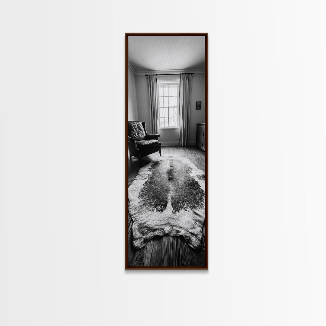 Leather Chair, Cozy Window, Cowhide Rug, Framed Canvas Print, Farmhouse Living Room Decor, Rustic Minimalist Art, Monochrome Interior