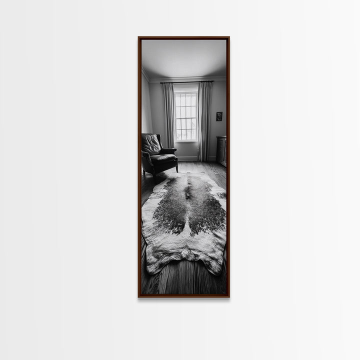 Leather Chair, Cozy Window, Cowhide Rug, Framed Canvas Print, Farmhouse Living Room Decor, Rustic Minimalist Art, Monochrome Interior