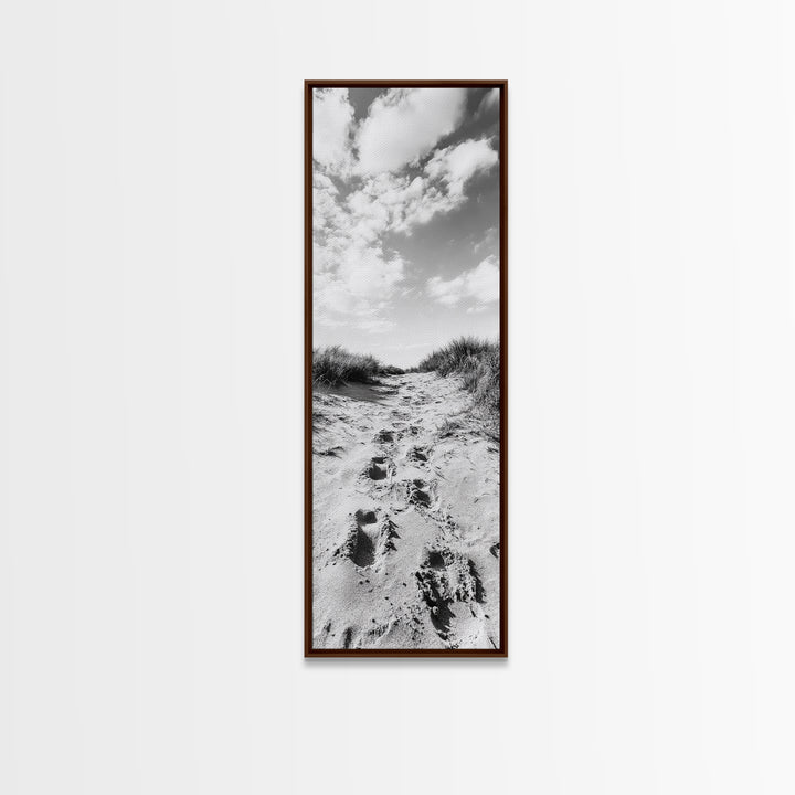 Sandy Trail, Dune Path, Footprints Grass, Canvas Print, Fall Coastal Decor, Boho Entryway Art, Black and White Beach Landscape