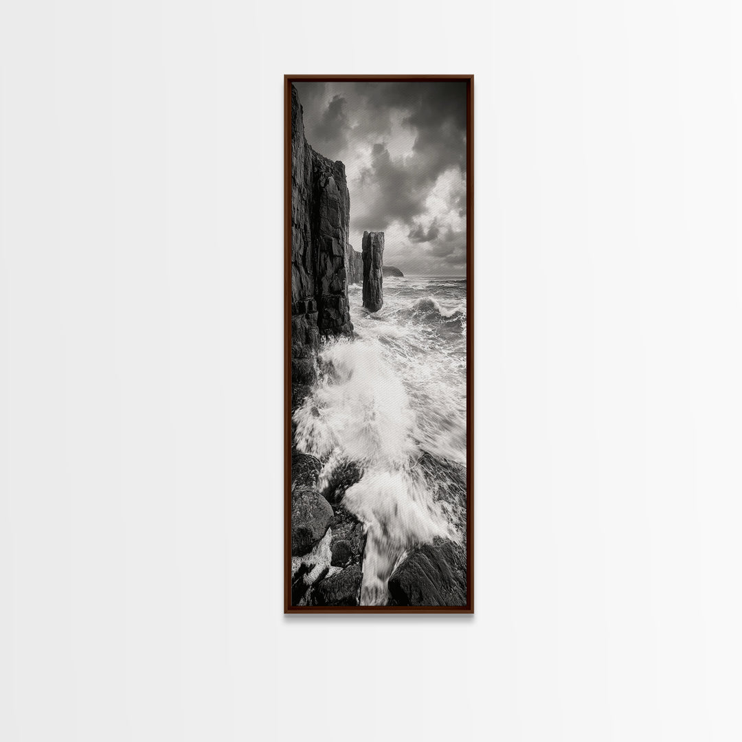 Crashing Surf, Tall Sea Stack, Rugged Coast, Framed Canvas Print, Moody Ocean Wall Art, Bathroom Decor, Black and White Seascape