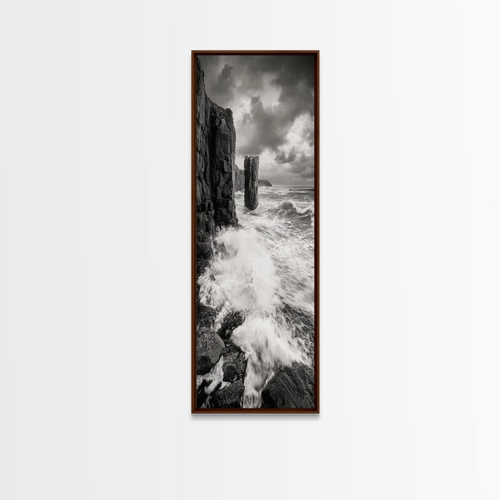 Crashing Surf, Tall Sea Stack, Rugged Coast, Framed Canvas Print, Moody Ocean Wall Art, Bathroom Decor, Black and White Seascape
