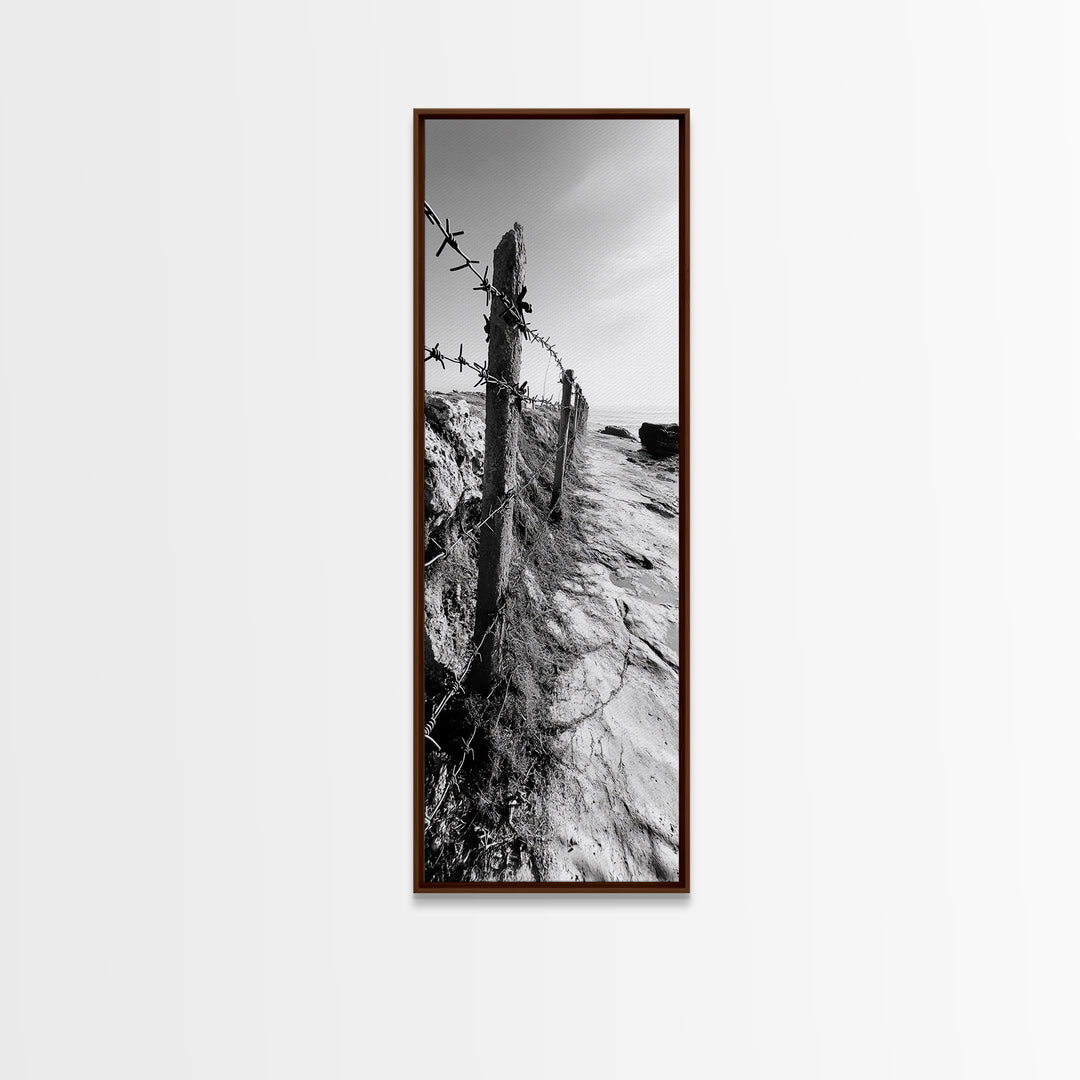 Rocky Shoreline, Barbed Wire, Coastal Minimalism, Rugged Texture, Natural Barrier, Framed Canvas Print, Hallway Wall Art, Industrial Rustic Style