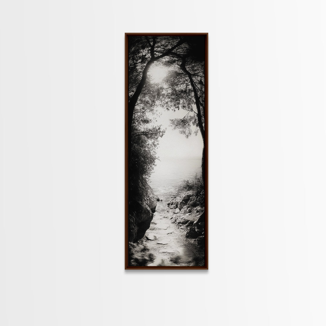 Ocean Pathway, Forest Light, Peaceful Coast, Dreamy Trail, Nature Escape, Framed Canvas Print, Entryway Wall Art, Moody Landscape