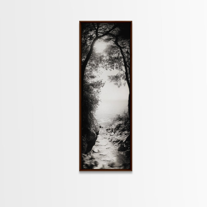 Ocean Pathway, Forest Light, Peaceful Coast, Dreamy Trail, Nature Escape, Framed Canvas Print, Entryway Wall Art, Moody Landscape