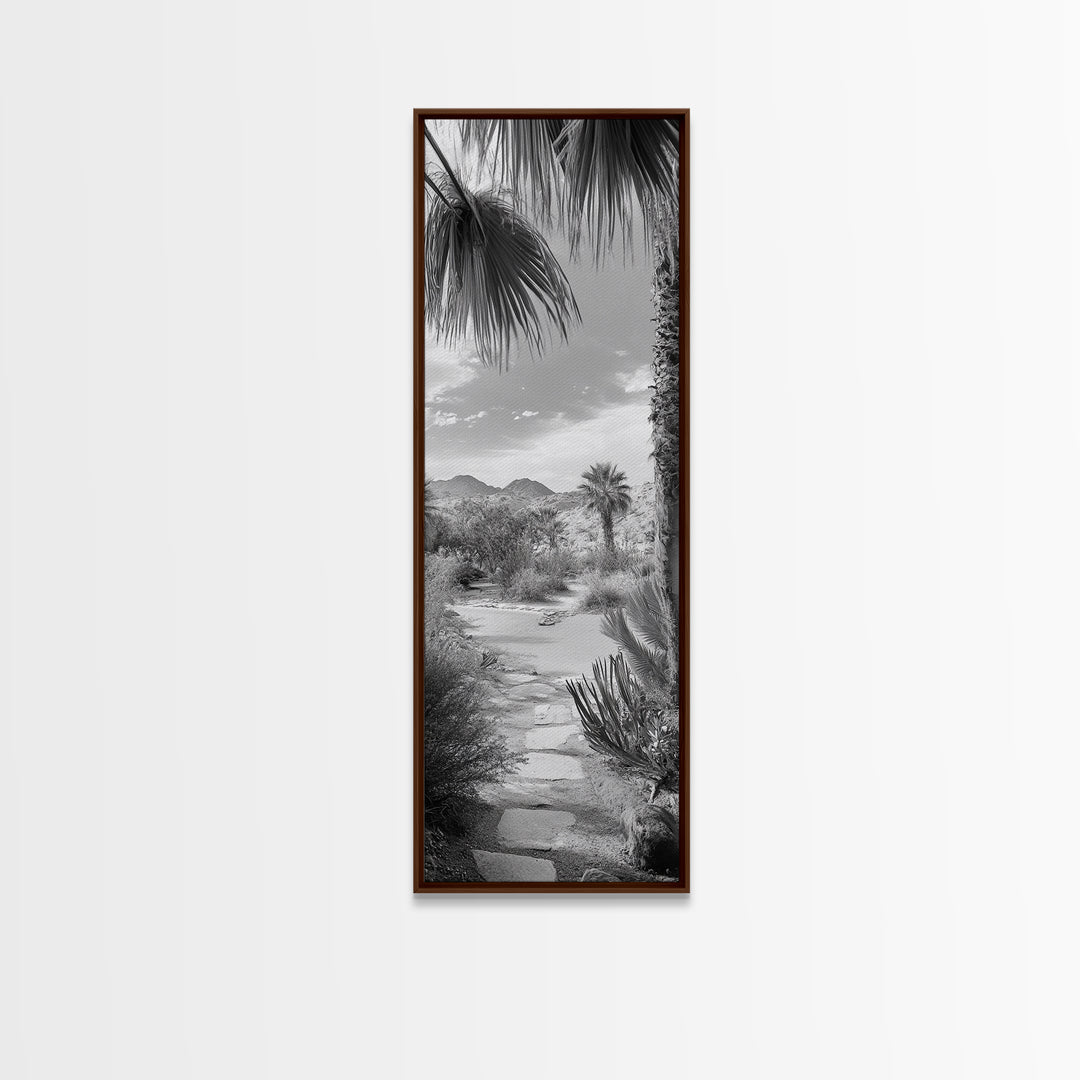 Desert Path, Palm Trees, Serene Escape, Tranquil Garden, Monochrome Landscape, Framed Canvas Print, Entryway Wall Art, Nature Minimal