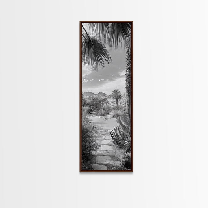 Desert Path, Palm Trees, Serene Escape, Tranquil Garden, Monochrome Landscape, Framed Canvas Print, Entryway Wall Art, Nature Minimal