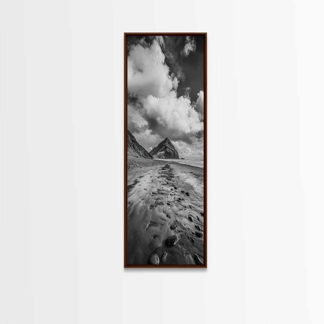 Mountain Beach Path, Cloudy Sky Landscape, Black and White Nature Scene, Framed Canvas Print, Entryway Fall Coastal Wall Decor