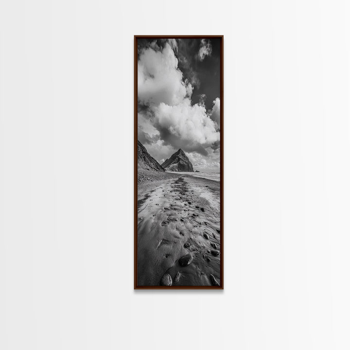 Mountain Beach Path, Cloudy Sky Landscape, Black and White Nature Scene, Framed Canvas Print, Entryway Fall Coastal Wall Decor