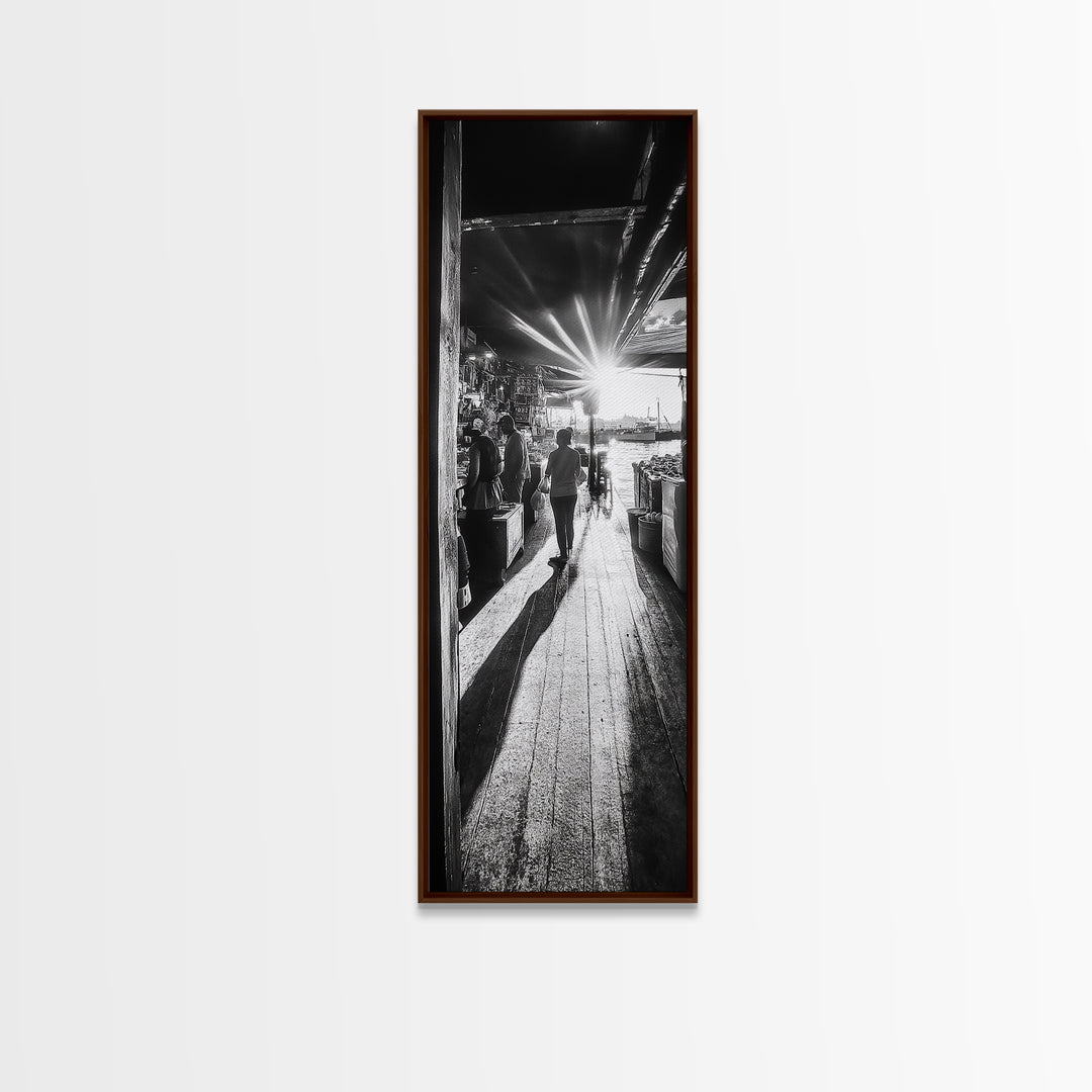 Dockside Market Light, Urban Waterfront Print, Golden Hour Street Scene, Canvas Print, Kitchen Wall Art, Moody City Photography