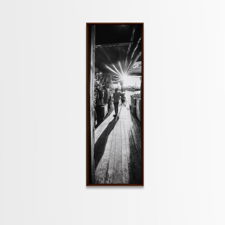 Dockside Market Light, Urban Waterfront Print, Golden Hour Street Scene, Canvas Print, Kitchen Wall Art, Moody City Photography