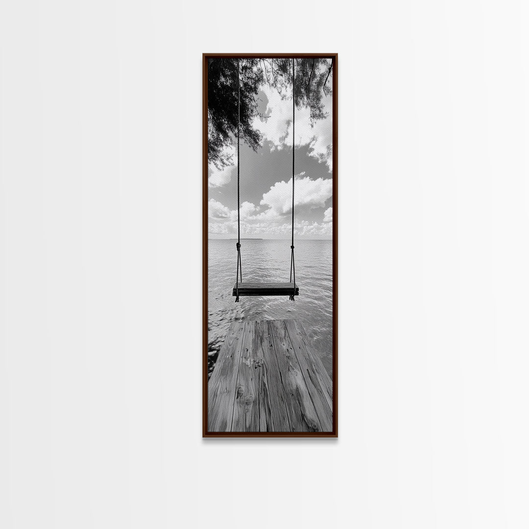 Lakeside Swing Stillness, Serene Water View Print, Peaceful Dock Photography, Canvas Print, Tranquil Bedroom or Office Wall Art