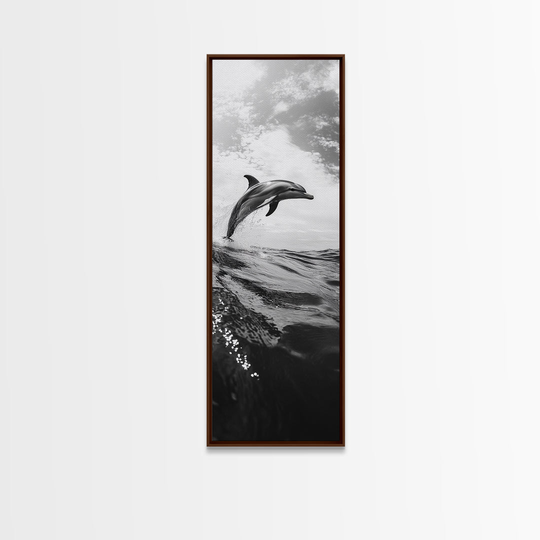 Dolphin Ocean Jump, Black and White Sea Life Print, Coastal Marine Wall Art, Canvas Print, Beach House Decor, Nature Photography