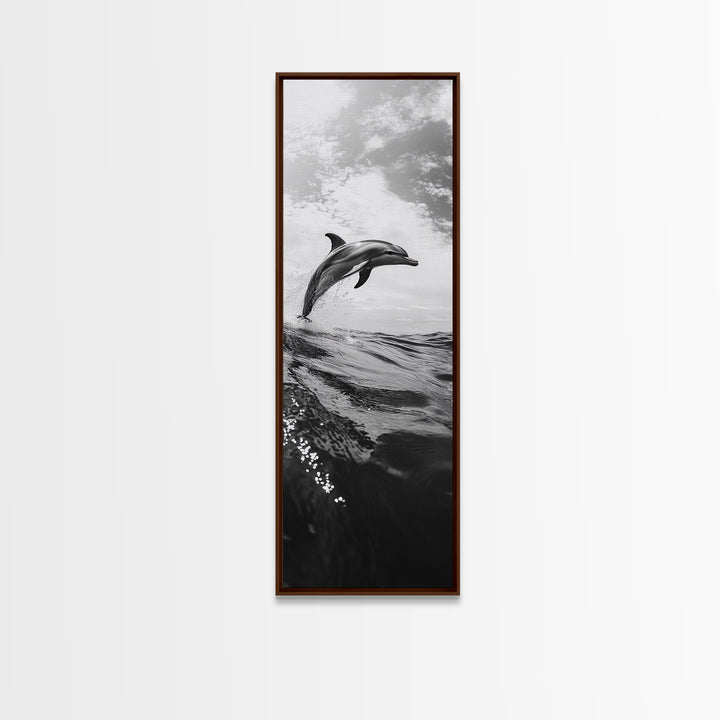 Dolphin Ocean Jump, Black and White Sea Life Print, Coastal Marine Wall Art, Canvas Print, Beach House Decor, Nature Photography