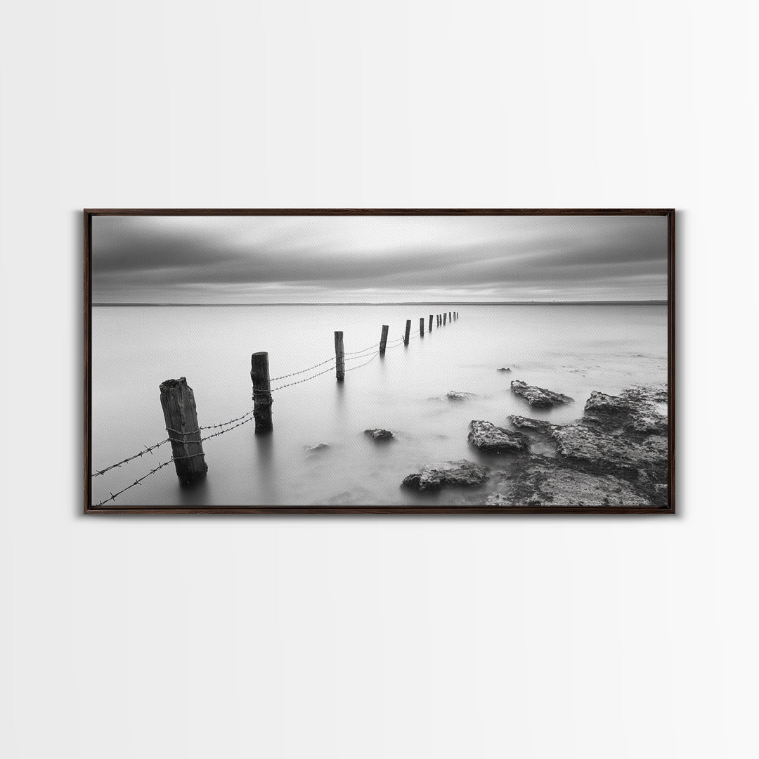 Coastal Fence Line, Tranquil Ocean Scene, Soft Minimalist Photo, Framed Canvas Print, Bathroom or Hallway Wall Art, Zen Vibes