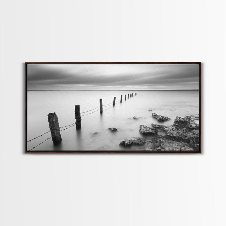Coastal Fence Line, Tranquil Ocean Scene, Soft Minimalist Photo, Framed Canvas Print, Bathroom or Hallway Wall Art, Zen Vibes