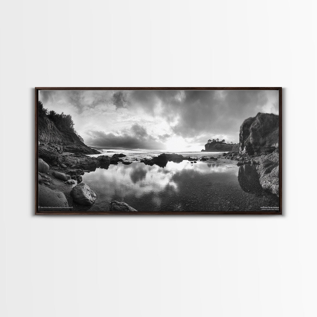 Coastal Reflection, Tide Pools, Dramatic Sky, Ocean Cliff Landscape, Framed Canvas Print, Bedroom Nature Photography Art