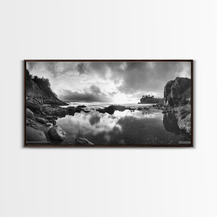 Coastal Reflection, Tide Pools, Dramatic Sky, Ocean Cliff Landscape, Framed Canvas Print, Bedroom Nature Photography Art