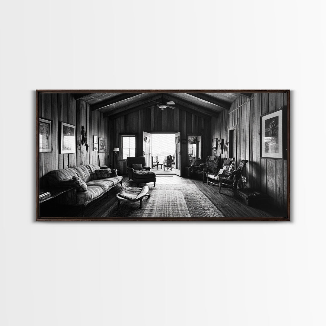 Cozy Cabin Interior, Rustic Living Space, Wood Wall Charm, Canvas Print, Country Living Room Art, Americana Wall Photography