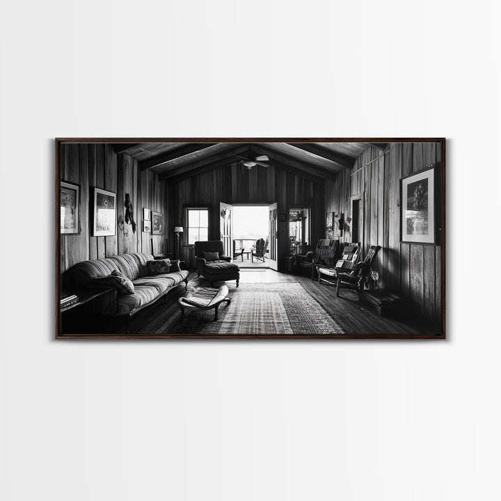 Cozy Cabin Interior, Rustic Living Space, Wood Wall Charm, Canvas Print, Country Living Room Art, Americana Wall Photography