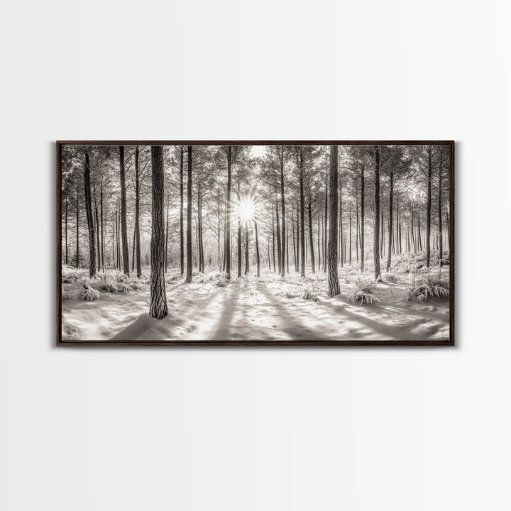 Winter Pine Forest, Sunlight Snow Trees, Nature Landscape Photography, Framed Canvas Print, Cabin Decor, Minimalist Wall Art