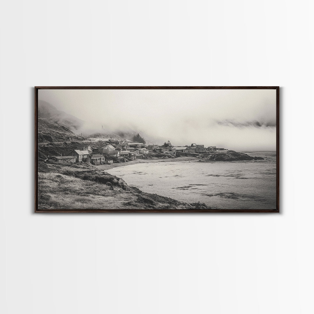 Coastal Fog Village, Misty Ocean Cliff Scene, Black and White Landscape, Canvas Print, Bedroom Wall Art, Rustic Coastal Decor