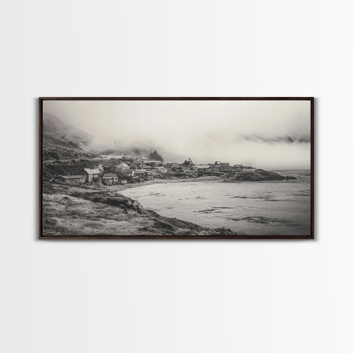 Coastal Fog Village, Misty Ocean Cliff Scene, Black and White Landscape, Canvas Print, Bedroom Wall Art, Rustic Coastal Decor