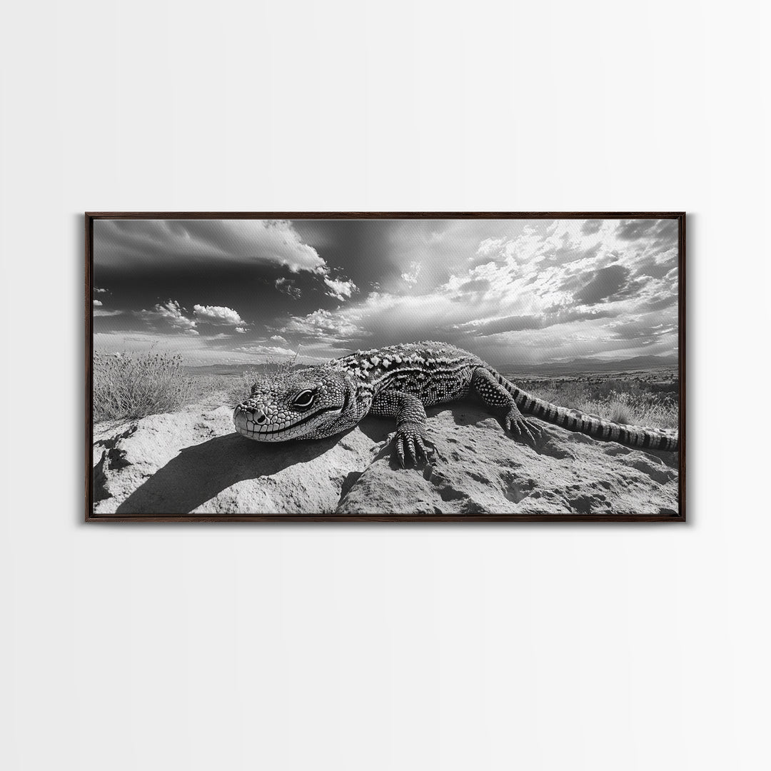 Desert Lizard Close-Up, Reptile Wildlife Photography, Dramatic Sky Scene, Canvas Print, Living Room Wall Art, Nature Decor