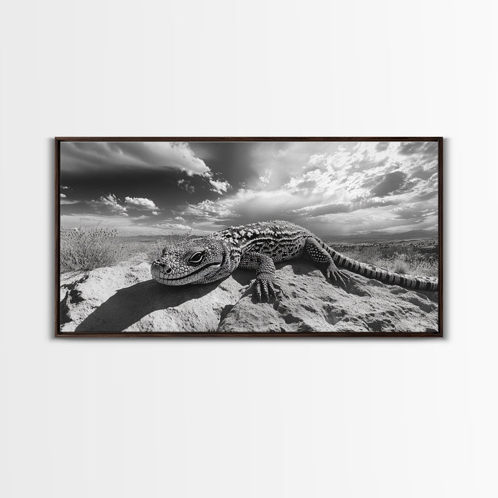 Desert Lizard Close-Up, Reptile Wildlife Photography, Dramatic Sky Scene, Canvas Print, Living Room Wall Art, Nature Decor