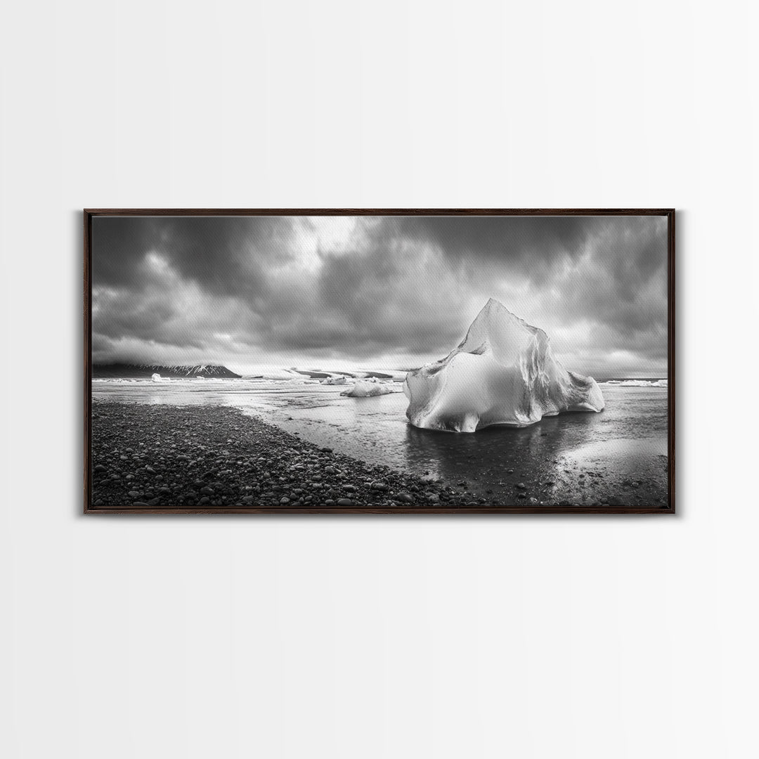 Arctic Iceberg Shore, Moody Cloud Sky, Frozen Water Landscape, Framed Canvas Print, Office Wall Art, Nordic Minimalist Art