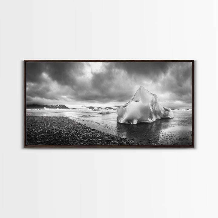 Arctic Iceberg Shore, Moody Cloud Sky, Frozen Water Landscape, Framed Canvas Print, Office Wall Art, Nordic Minimalist Art