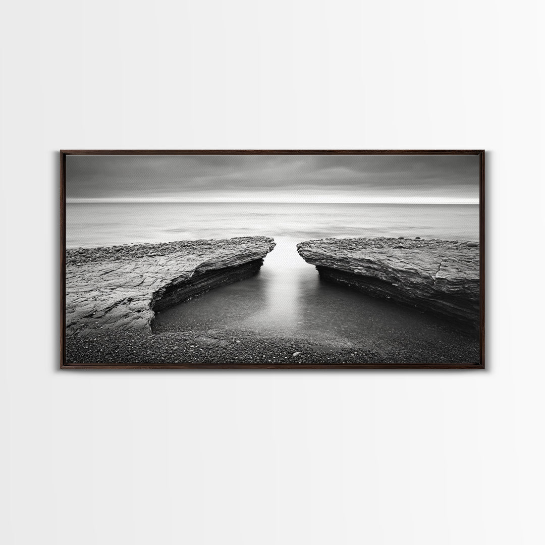 Ocean Rock Split, Calm Seascape Horizon, Monochrome Photography, Canvas Print, Bathroom Wall Art, Zen Coastal Aesthetic, Office Wall Art