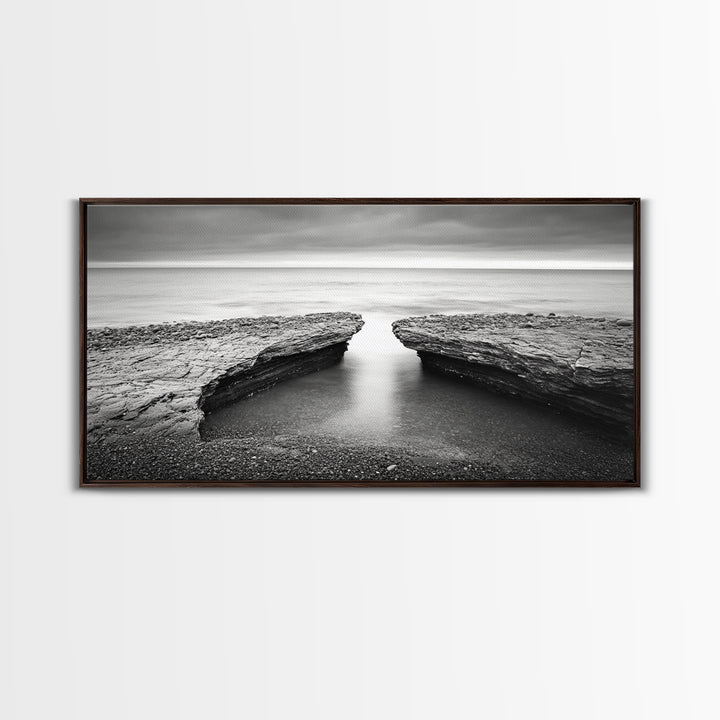 Ocean Rock Split, Calm Seascape Horizon, Monochrome Photography, Canvas Print, Bathroom Wall Art, Zen Coastal Aesthetic, Office Wall Art