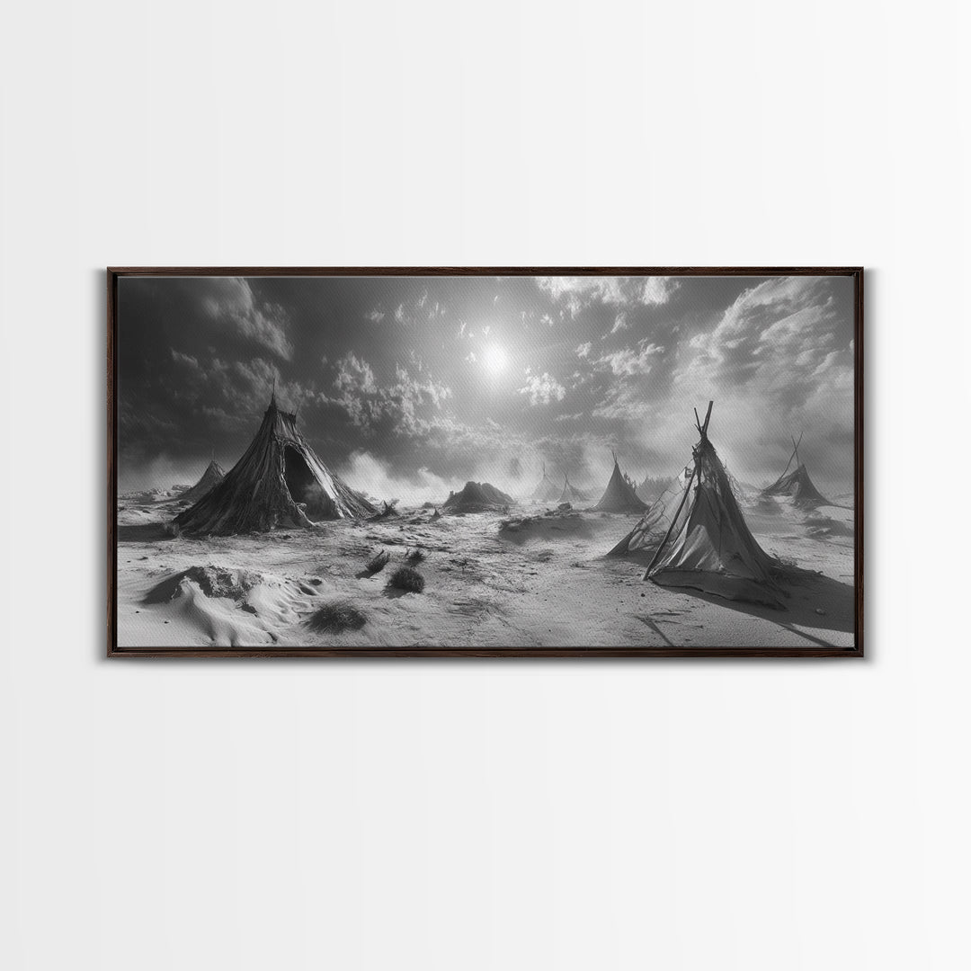 Desert Tent Scene, Surreal Tribal Landscape, Stormy Sky Tents, Canvas Print, Living Room Wall Art, Boho Nomad Aesthetic, Living Room Wall Art