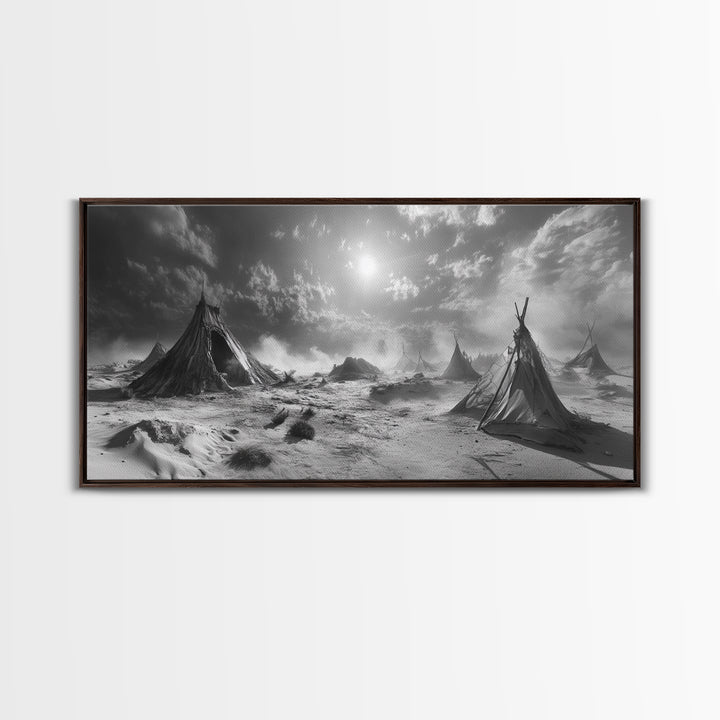 Desert Tent Scene, Surreal Tribal Landscape, Stormy Sky Tents, Canvas Print, Living Room Wall Art, Boho Nomad Aesthetic, Living Room Wall Art