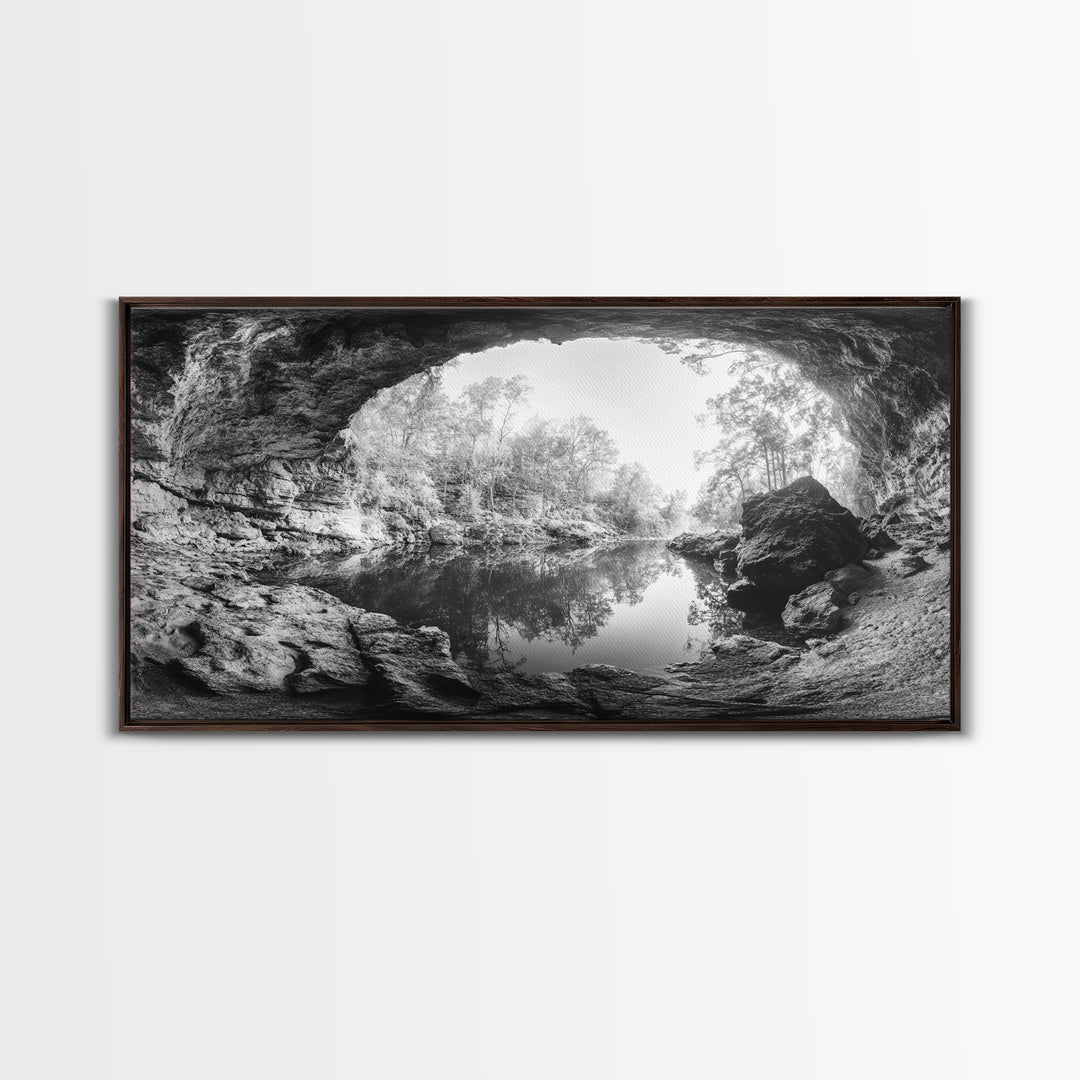 Cave Entrance Lake, Hidden Forest View, Rock Reflection Water, Canvas Print, Hallway Wall Art, Adventure Wilderness Decor, Minimalist Style