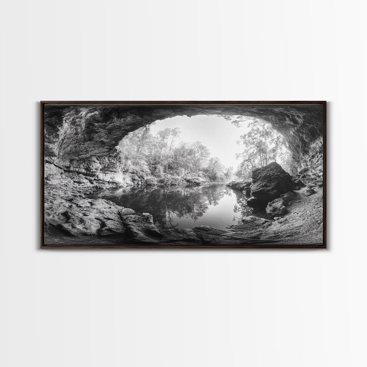 Cave Entrance Lake, Hidden Forest View, Rock Reflection Water, Canvas Print, Hallway Wall Art, Adventure Wilderness Decor, Minimalist Style