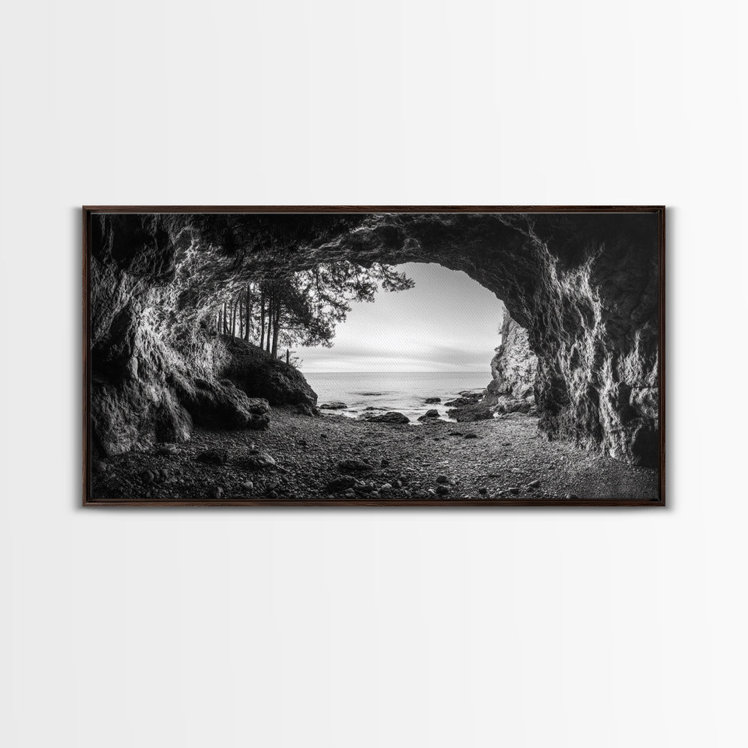Ocean Cave Opening, Rugged Shoreline Exit, Dramatic Coastal Rock, Canvas Print, Entryway Wall Art, Moody Nautical Decor, Farmhouse Entryway