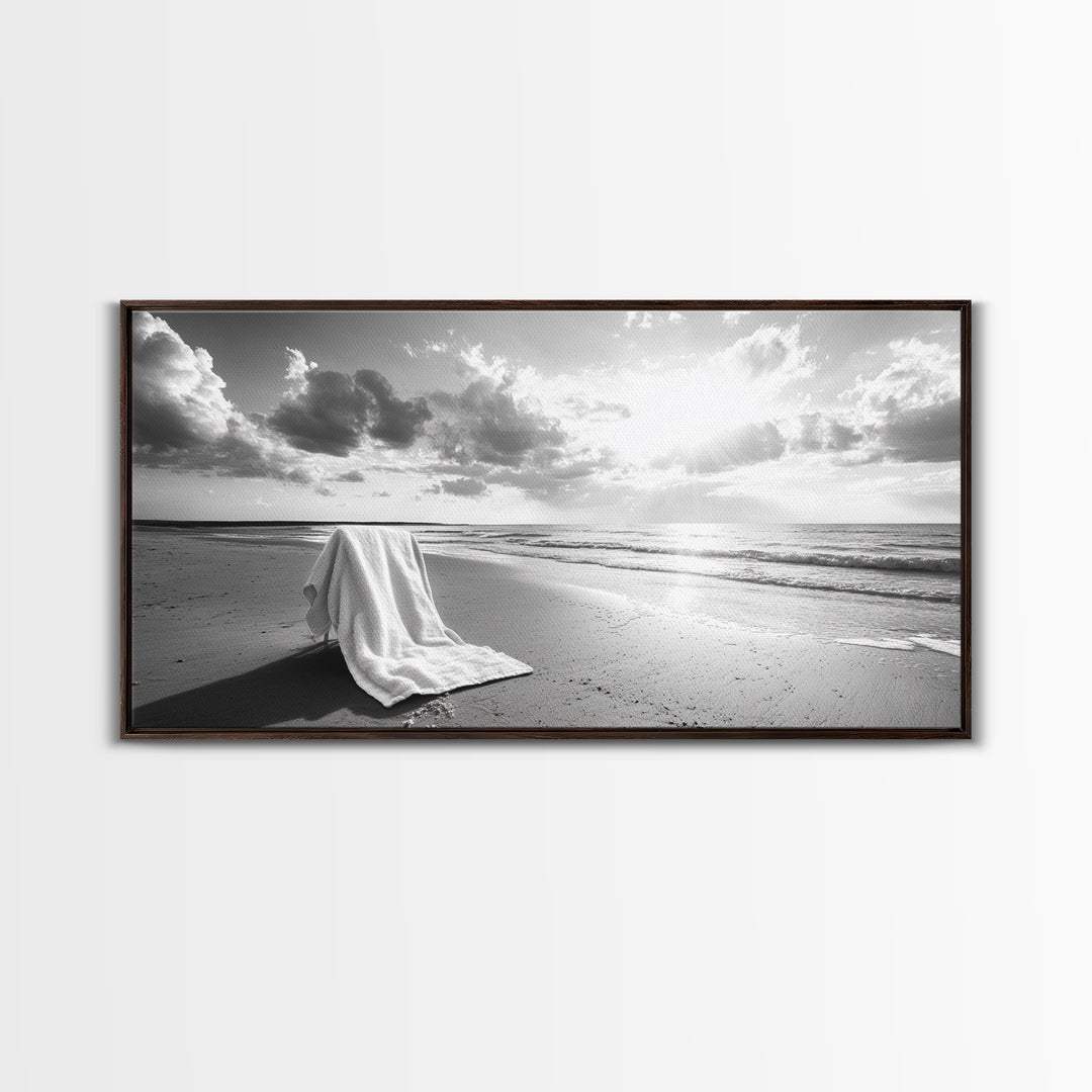 Beach Towel, Serene Shoreline, Peaceful Coastal Scene, Framed Canvas Print, Spa Bathroom Decor, Minimalist Beach Photography