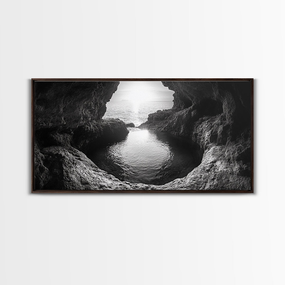 Ocean Cave Sunset, Seascape Art, Black and White Photography, Coastal Decor, Minimalist Style, Canvas Print, Bathroom Wall Art