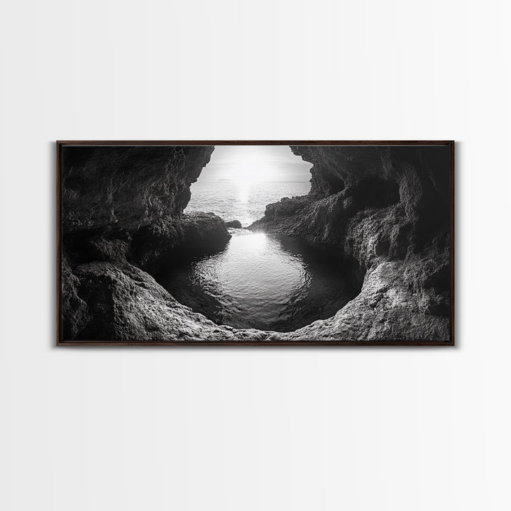 Ocean Cave Sunset, Seascape Art, Black and White Photography, Coastal Decor, Minimalist Style, Canvas Print, Bathroom Wall Art