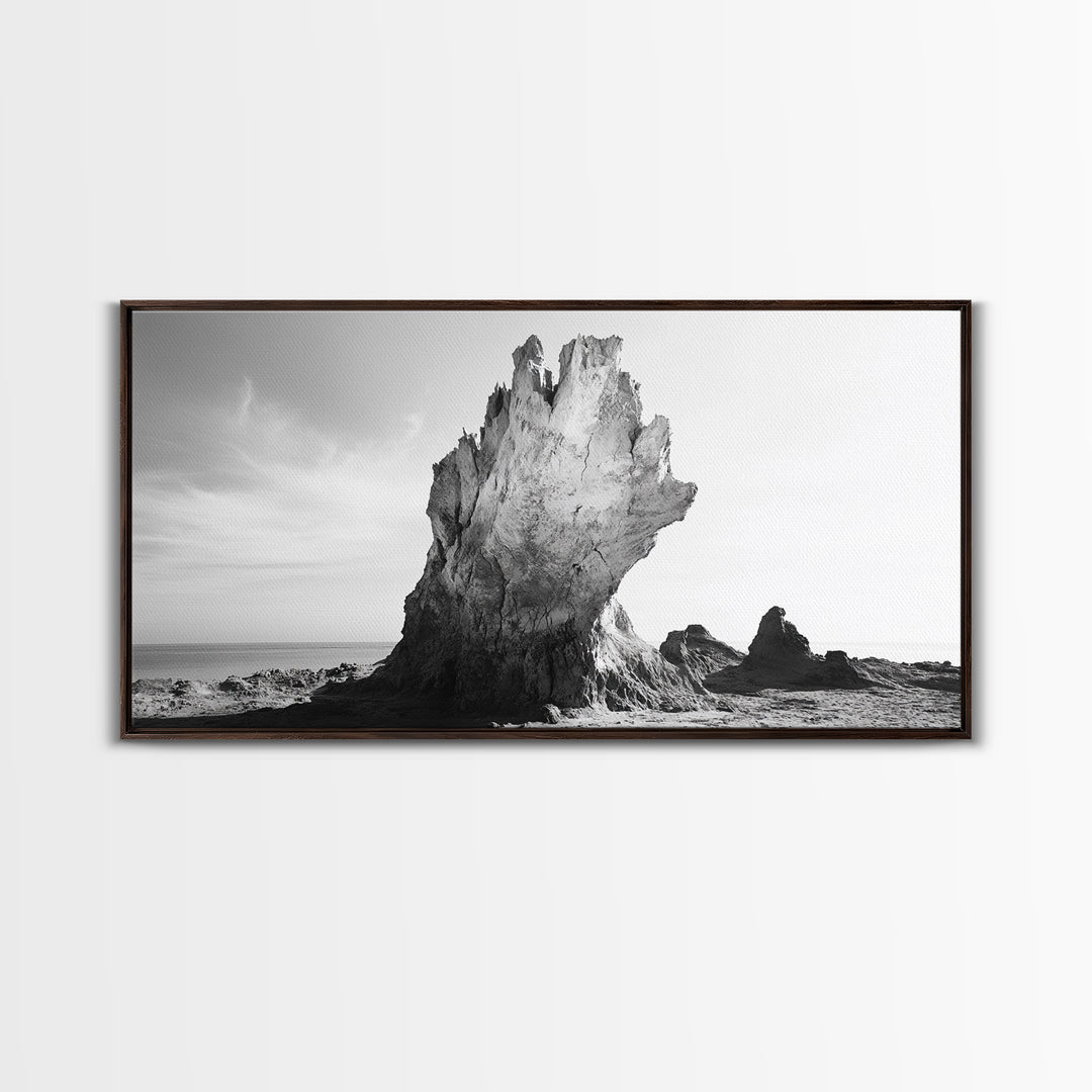 Desert Rock Tower, Surreal Landscape, Modern Nature Art, Canvas Print, Black and White Office Decor, Minimalist Style Piece, Bedroom Wall Art