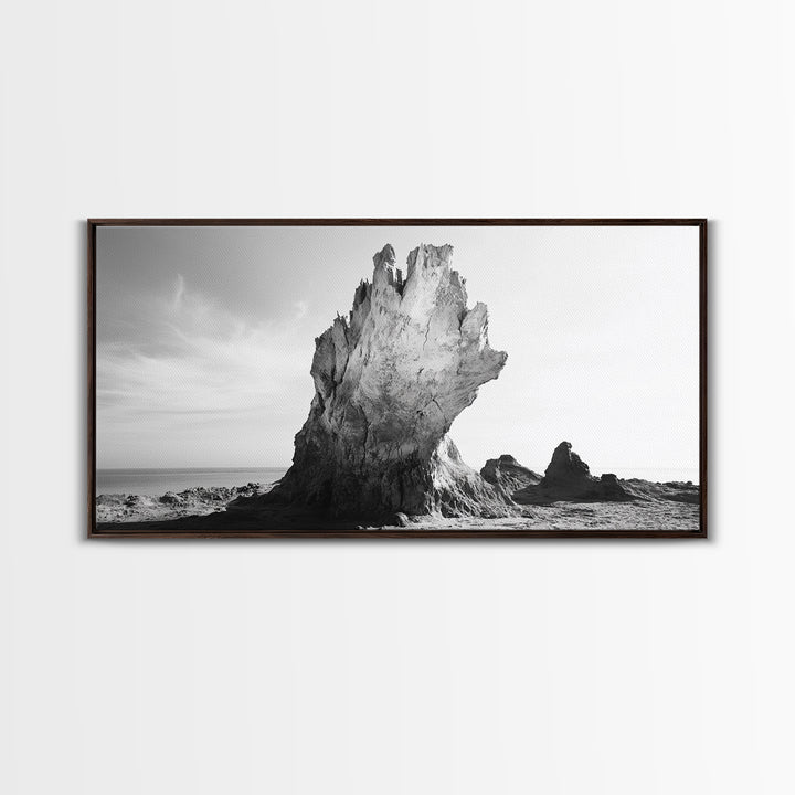 Desert Rock Tower, Surreal Landscape, Modern Nature Art, Canvas Print, Black and White Office Decor, Minimalist Style Piece, Bedroom Wall Art