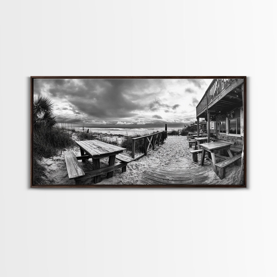 Beach Boardwalk, Coastal Restaurant, Moody Seaside View, Framed Canvas Print, Kitchen or Bar Wall Art, Rustic Autumn Decor