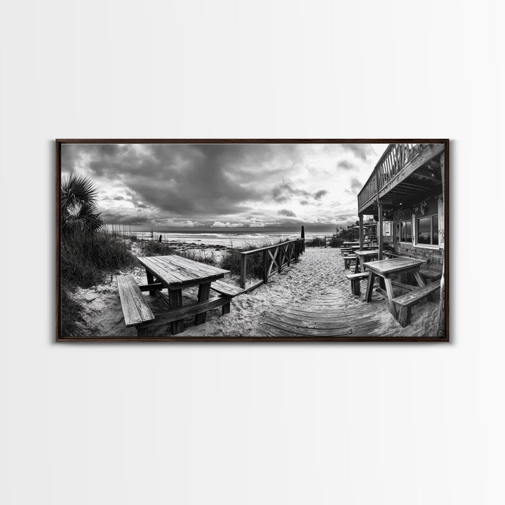Beach Boardwalk, Coastal Restaurant, Moody Seaside View, Framed Canvas Print, Kitchen or Bar Wall Art, Rustic Autumn Decor