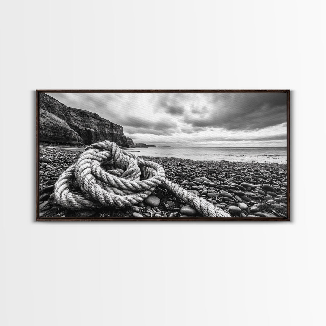 Coastal Rope, Pebble Shore, Nautical Texture, Rugged Seascape, Canvas Print, Bathroom Wall Art, Beach House Style, Moody Ocean Decor